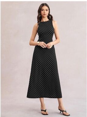 Polka Dot Sleeveless Midi Dress - Black